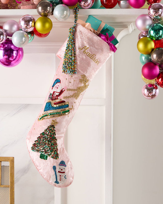 Beaded Christmas Scene Velvet Christmas Stocking, Personalized